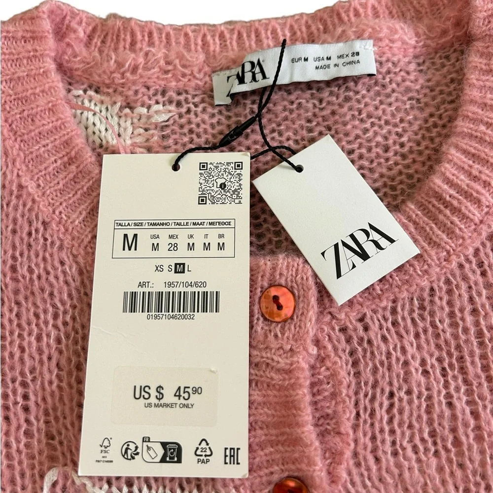 NWT ZARA Distressed‎ Knit Cropped Cardigan Sweater Pink Red White Medium